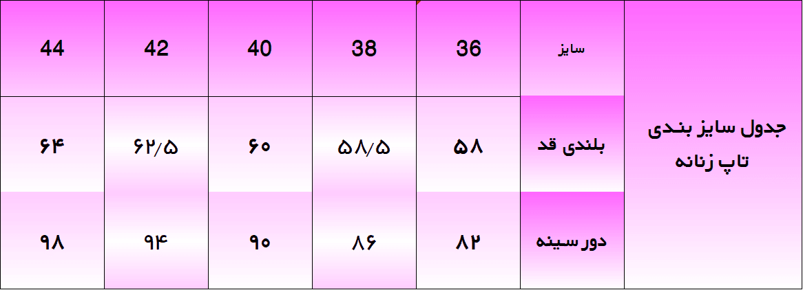 جدول سایزبندی الگوی خیاطی تاپ زنانه