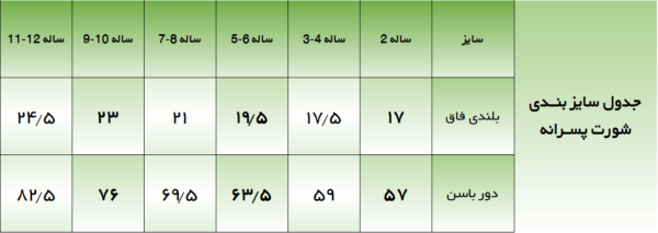 جدول سایز بندی الگو خیاطی شورت پسرانه