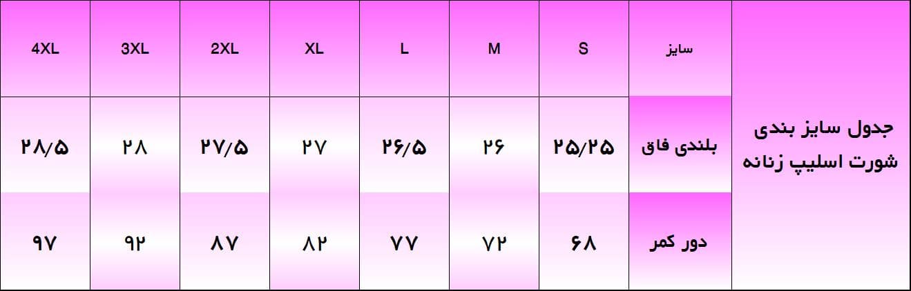 جدول سایز بندی الگو خیاطی شورت اسلیپ زنانه