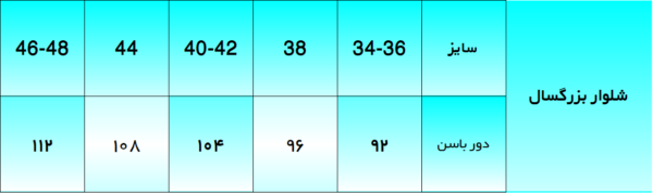 جدول سایز بندی شلوارک بزرگسال