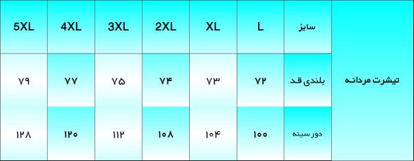 جدول سایز بندی الگو خیاطی تیشرت مردانه