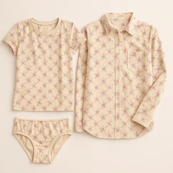 عکس از نمونه دوخته شده تیشرت و شومیز و شورت زنانه با پارچه پارچه تریکو طرح نغمه صبحگاهی