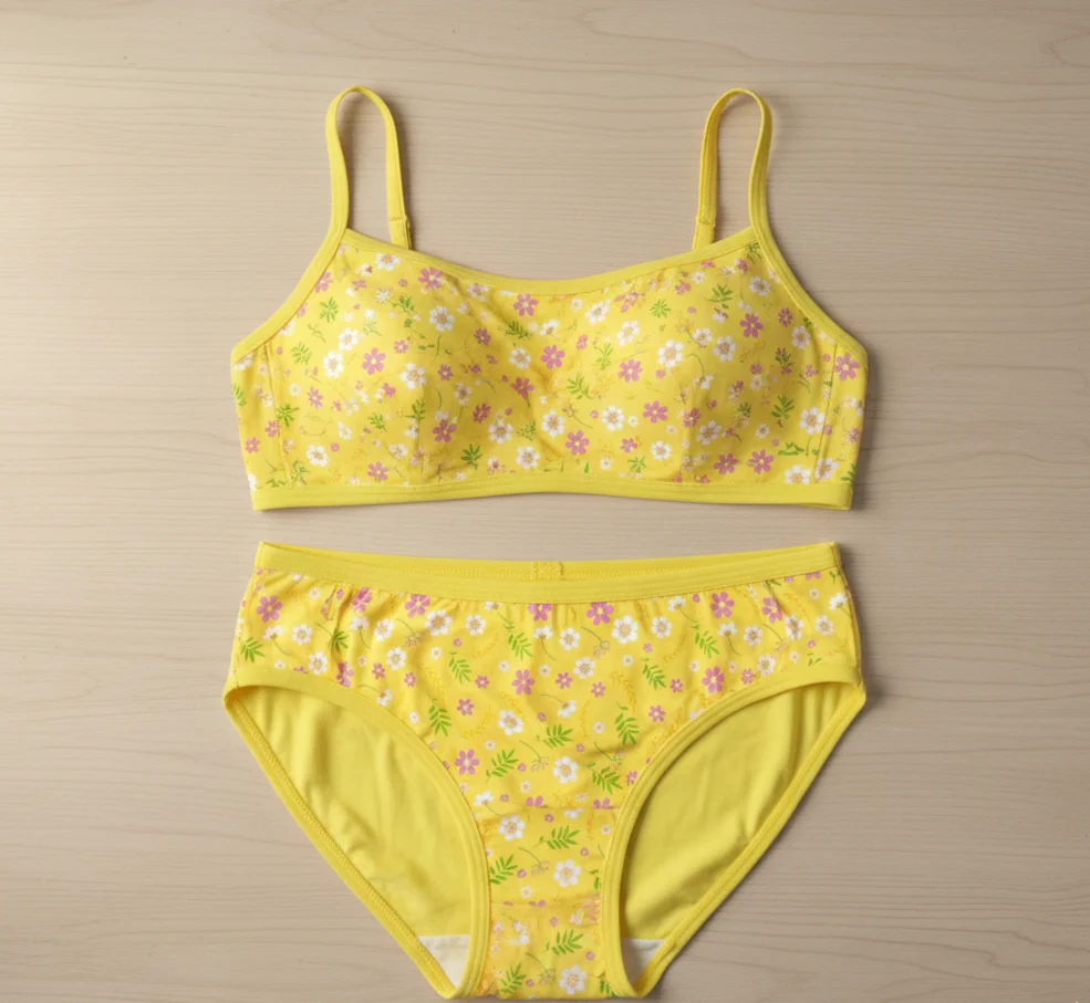 نمونه دوخت شورت و سوتین با پارچه تریکو طرح شکوفه آفتاب