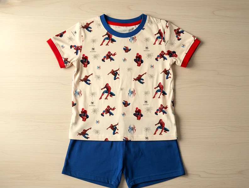 نمونه دوخت تیشرت و شلوارک با پارچه تریکو طرح مرد عنکبوتی (اسپایدر من)