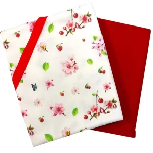 پارچه تریکو طرح شکوفه گیلاس به همراه ست پارچه یکرو پنبه قرمز