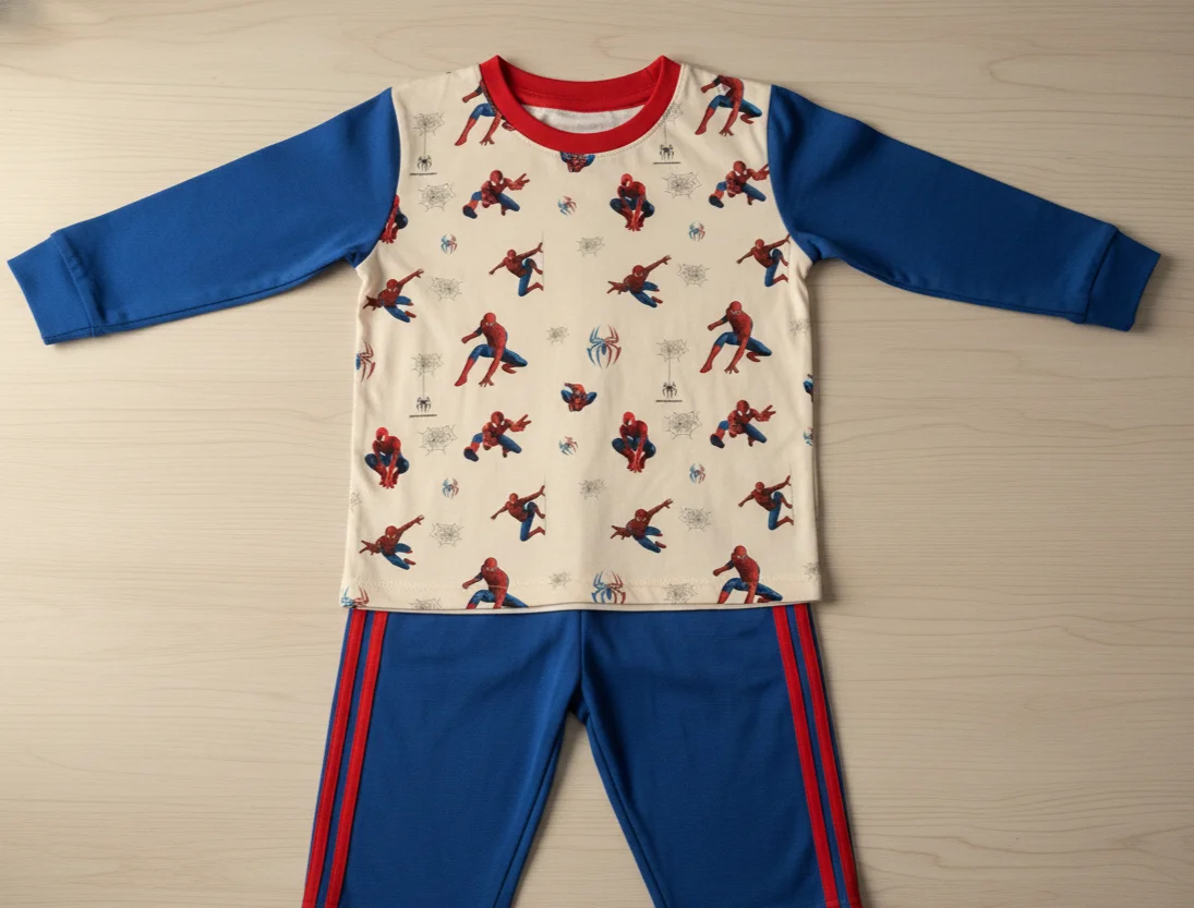 نمونه دوخت تیشرت استین بلند با پارچه تریکو طرح مرد عنکبوتی (اسپایدر من)